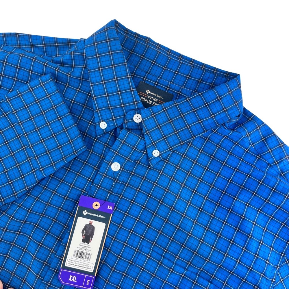 Member's Mark Men's Cotton Poplin Button Down Shirt Blue Plaid XXL Office NEW